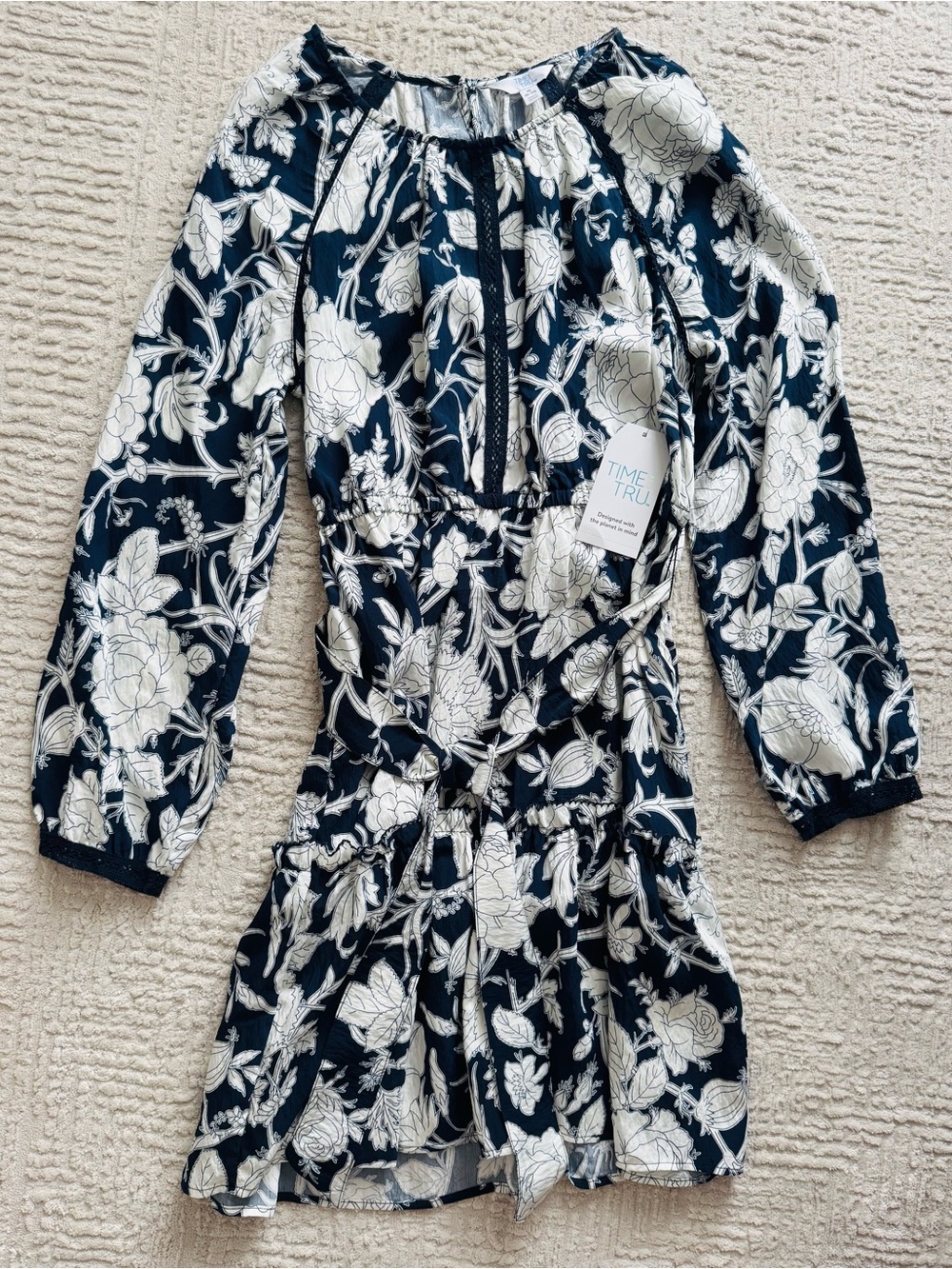 Time and Tru Navy and White Floral Long-Sleeve Casual Dress